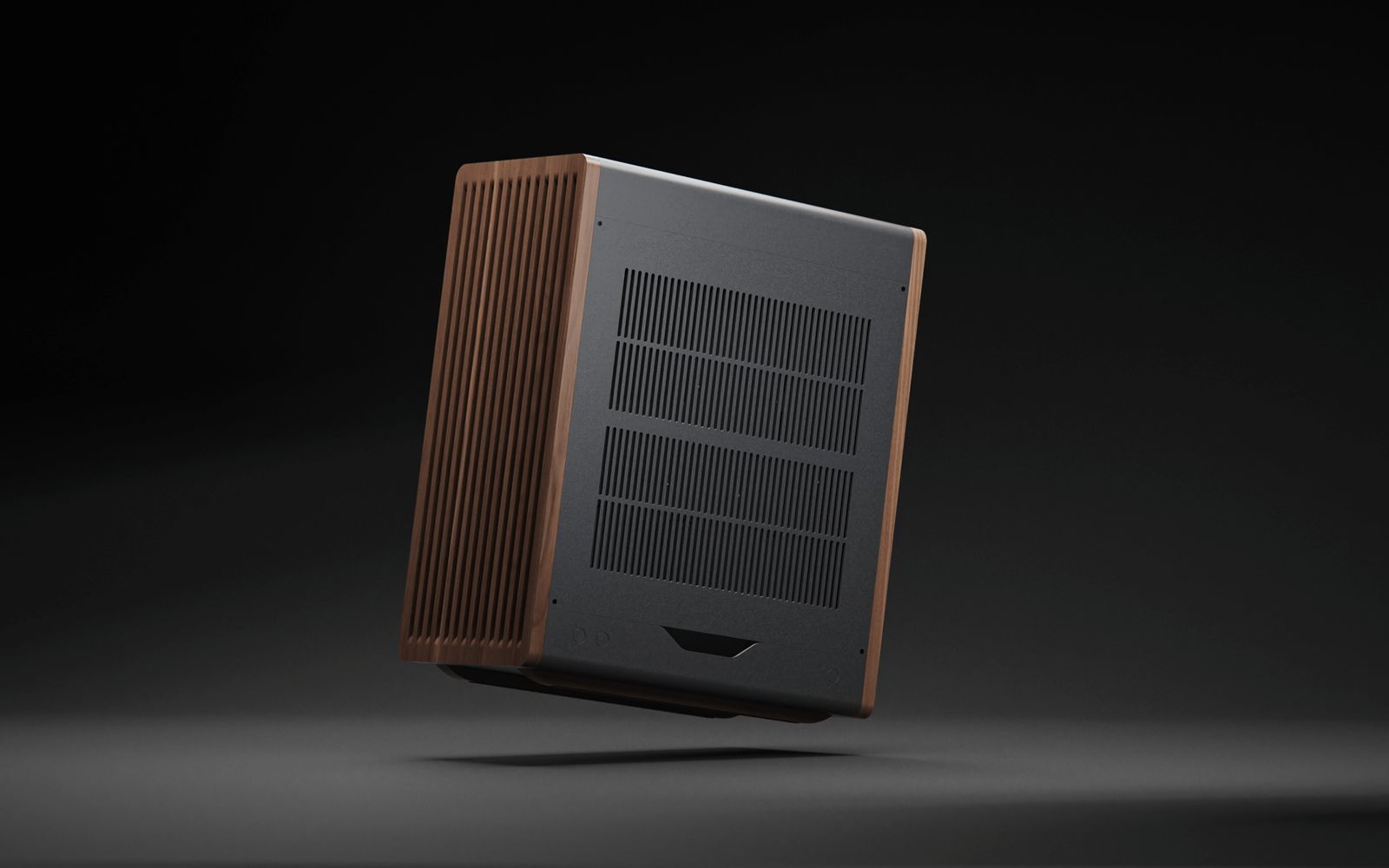 E32B computer case angled view showing both metal and walnut wood panels