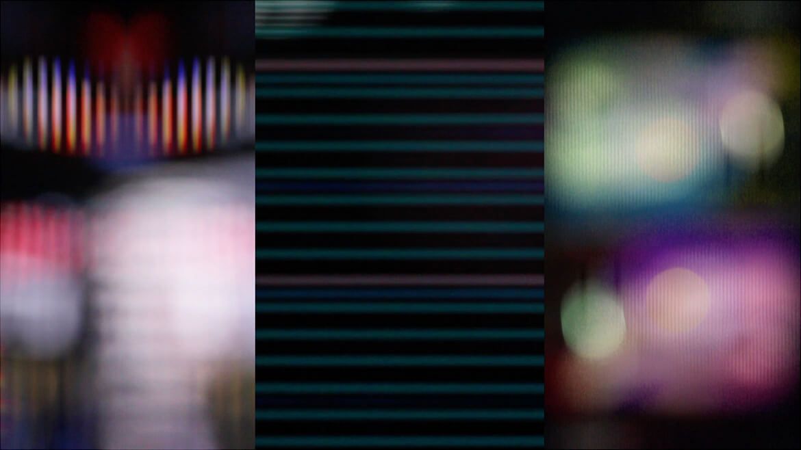 Triptych of blurred bokeh lights in red, teal, and purple from Times Square at night