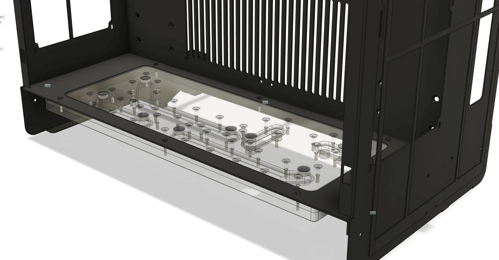 CAD design of a custom water-cooling distribution plate with o-ring channels, G1/4 fittings, and RGB lighting channels