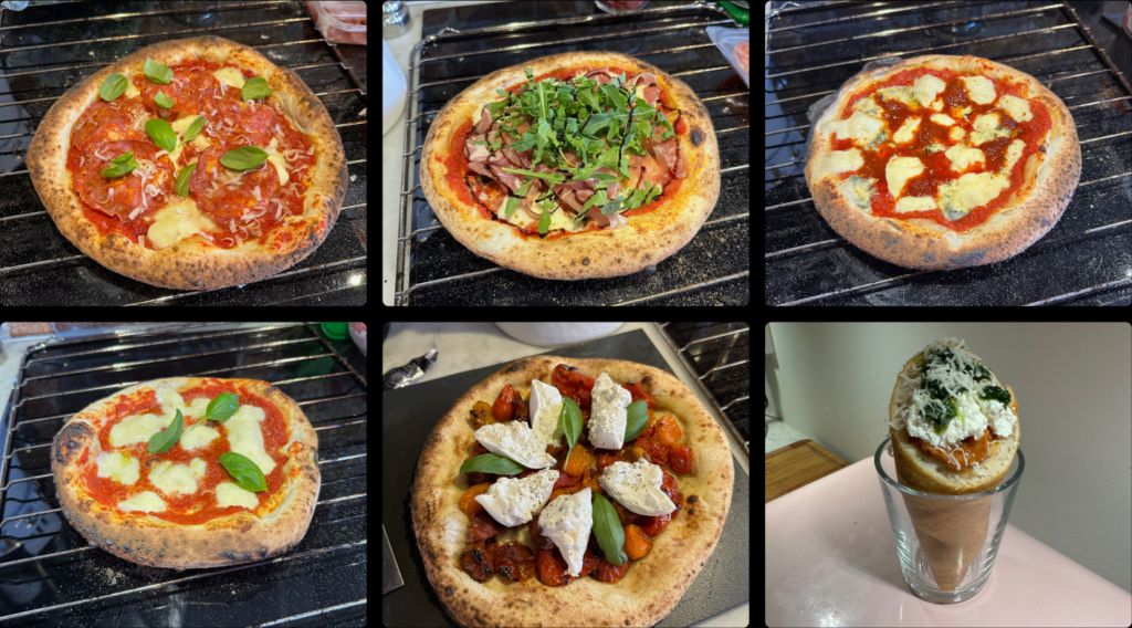 Homemade pizzas baked in an Ooni oven, arranged on a table