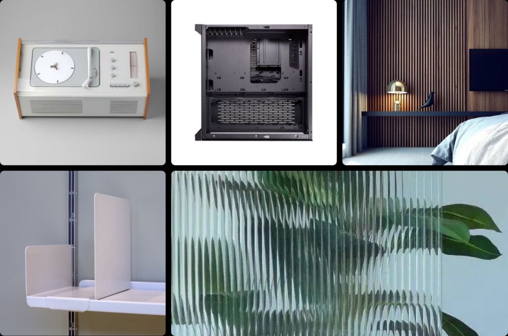 Mood board collecting visual references for a custom PC case design, including materials, layouts, and inspiration images
