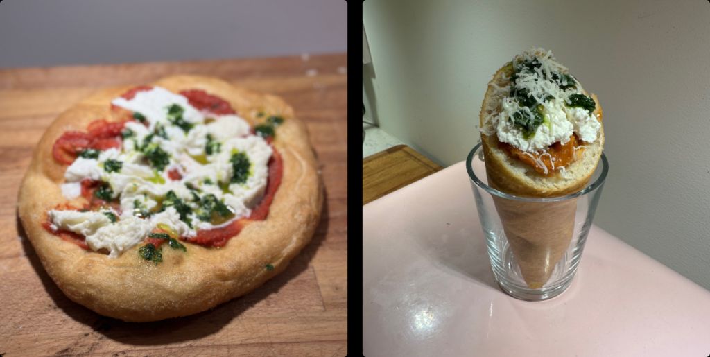 Pizza fritta and trapizzino, deep-fried pizza pockets served as starters