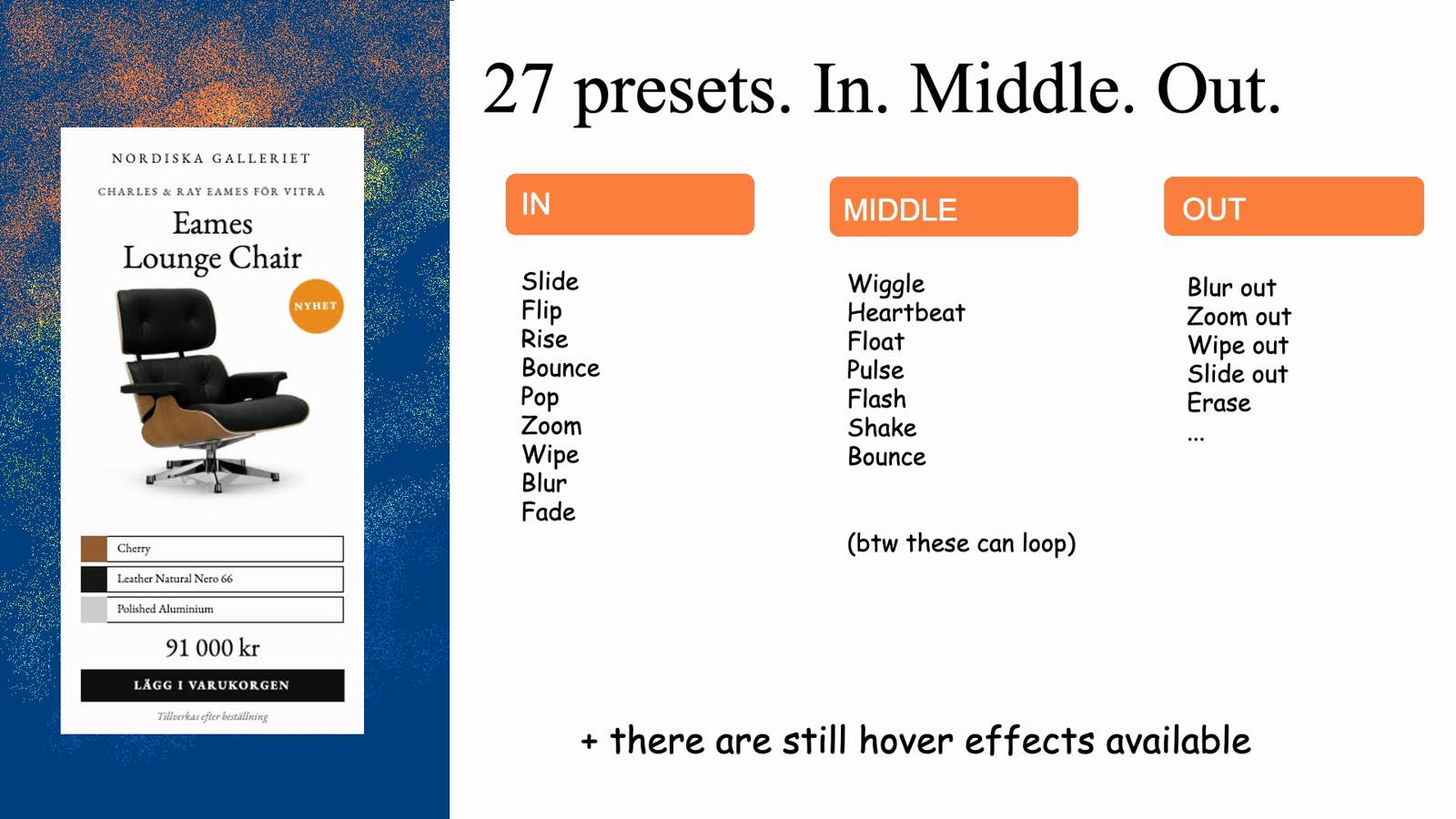 Slide listing 27 animation presets: in, middle and out
