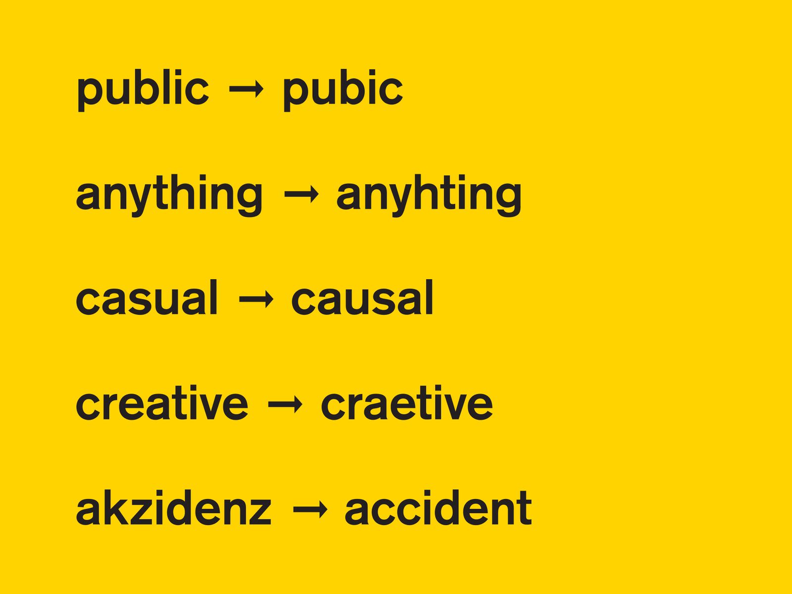 Typo examples set in Accident-Gortesk: public to pubic, anything to anyhting, casual to causal
